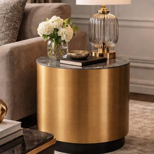 Luxury Round Grey Marble Brass/Black Side Table by Luxury Group International
