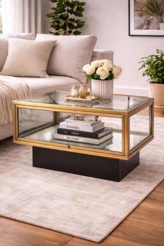 Luxury Brass Glass Display Rectangular Black/Brass/Gray Side Table by Luxury Group International