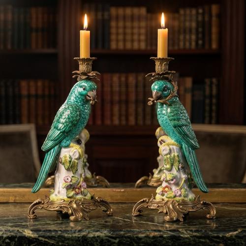 Luxury Bronze Mounted Porcelain Pair Parrot Candle Holders Lifestyle View by Luxury Group International