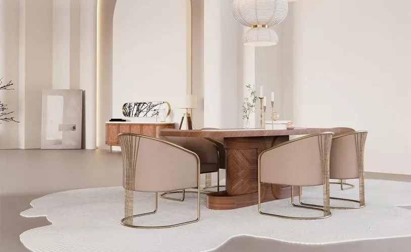 Luxury Brown Rectangular Top Centre White Marble Inlay Modern Pedestal Wooden Dining Table Lifestyle View by Luxury Group International