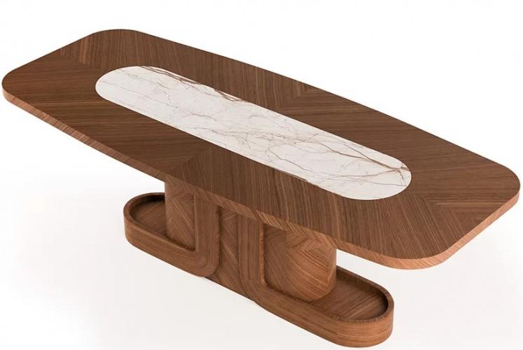 Luxury Brown Rectangular Top Centre White Marble Inlay Modern Pedestal Wooden Dining Table by Luxury Group International