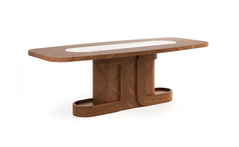 Luxury Brown Rectangular Top Centre White Marble Inlay Modern Pedestal Wooden Dining Table by Luxury Group International