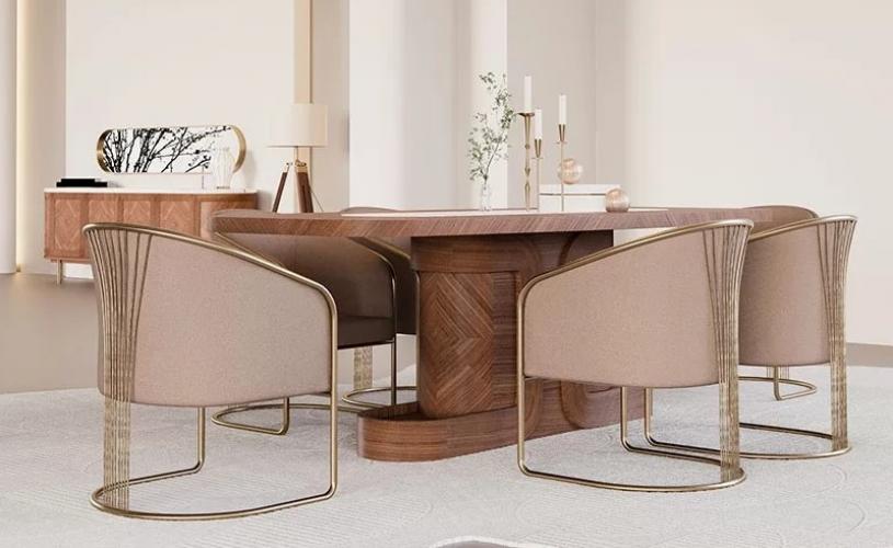 Luxury Brown Rectangular Top Centre White Marble Inlay Modern Pedestal Wooden Dining Table by Luxury Group International