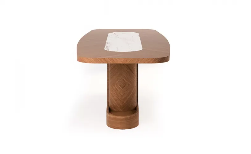 Luxury Brown Rectangular Top Centre White Marble Inlay Modern Pedestal Wooden Dining Table by Luxury Group International