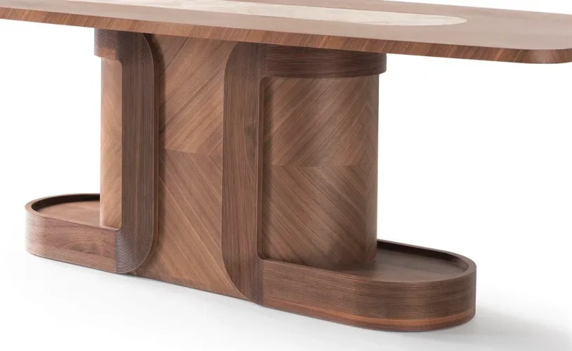 Luxury Brown Rectangular Top Centre White Marble Inlay Modern Pedestal Wooden Dining Table by Luxury Group International