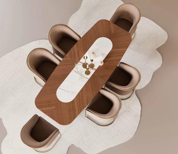 Luxury Brown Rectangular Top Centre White Marble Inlay Modern Pedestal Wooden Dining Table by Luxury Group International