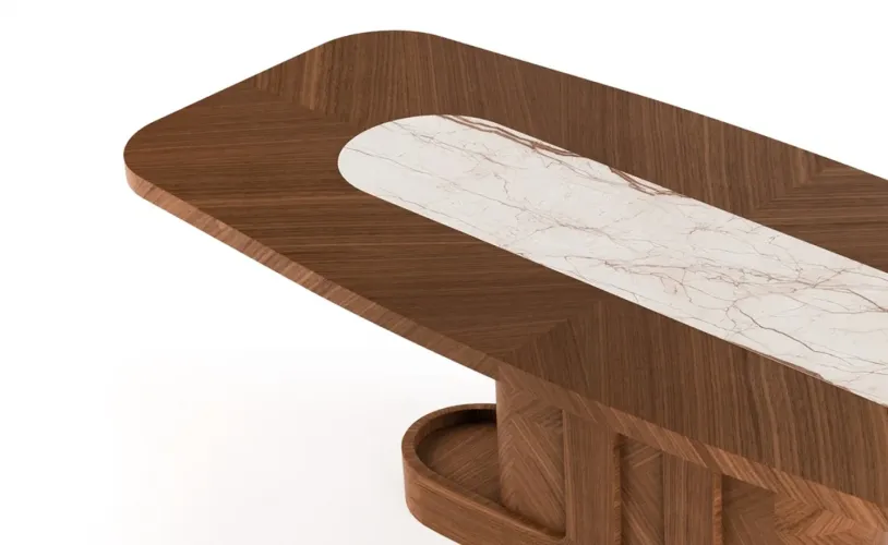 Luxury Brown Rectangular Top Centre White Marble Inlay Modern Pedestal Wooden Dining Table by Luxury Group International