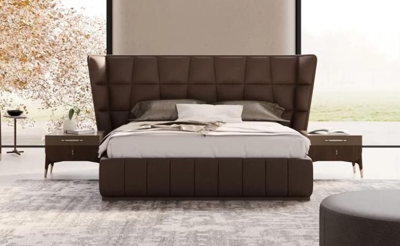 Luxury Brown Upholstered King Size Designer Bed with Padded Headboard – Modern Luxury Bed by Luxury Group International