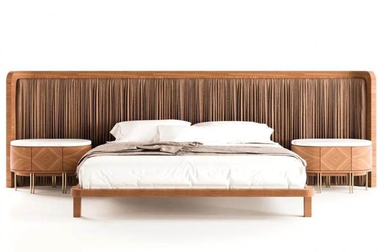 Luxury Brown Wooden Pleated Headboard Hotel Bed-Luxury Bedroom Front View by Luxury Group International