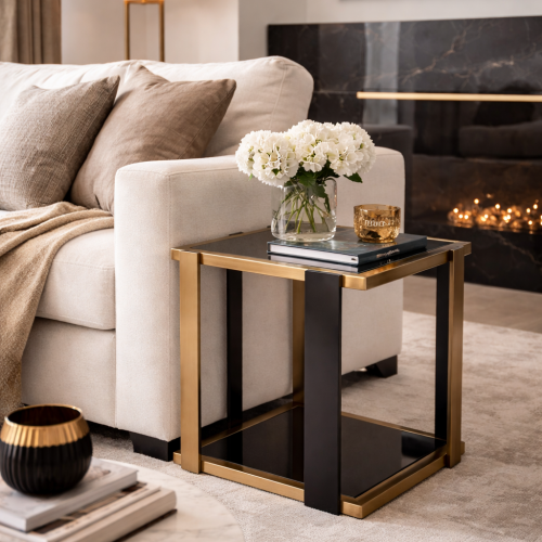 Luxury Brushed Brass Bed Side Table with Black Glass Shelves by Luxury Group International