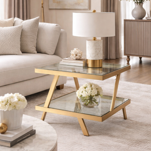 Luxury Brushed Brass Clear Glass top Bed Side Table by Luxury Group International