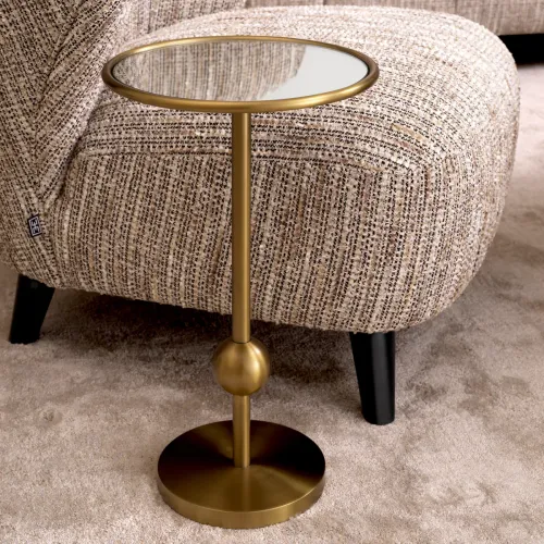 Luxury Brushed Brass Round Mirror Glass Top Side Table by Luxury Group International