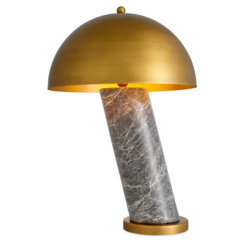 Lampada da Tavolo Moderna di Lusso Spazzolata in Marmo Grigio e Ottone Antico con Paralume a Cupola Dorata di Luxury Group International