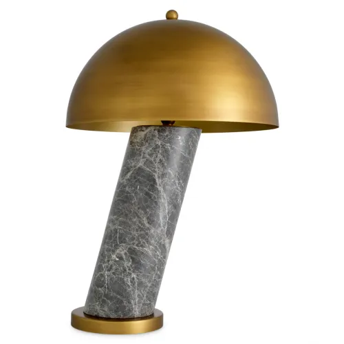 Lampada da Tavolo Moderna di Lusso Spazzolata in Marmo Grigio e Ottone Antico con Paralume a Cupola Dorata di Luxury Group International