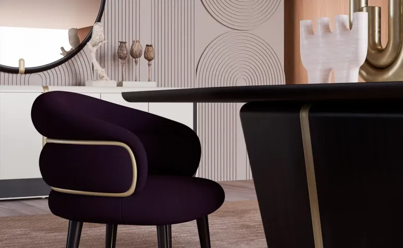 Luxury Burgundy Velvet Dining Armchair with Gold Accents & Black Legs by Luxury Group International