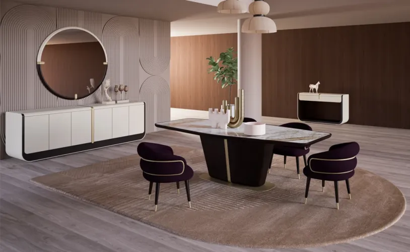 Luxury Burgundy Velvet Dining Armchair with Gold Accents & Black Legs by Luxury Group International