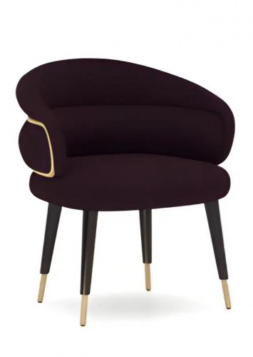 Poltrona da Pranzo di Lusso in Velluto Borgogna con Accenti Dorati e Gambe Nere Vista laterale di Luxury Group International