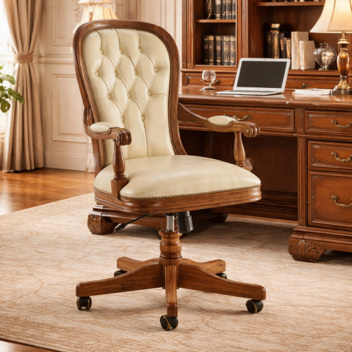 Silla Ejecutiva de Lujo con Capitoneado en Botones en Tapicería Crema y Base Giratoria Ajustable de Madera - Mobiliario de Oficina Vista lifestyle por Luxury Group International