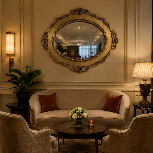 Luxury Cartouche Baroque Wall Mirror with Scalloped Ornate Gold Frame - Baroque Mirror Lifestyle View by Luxury Group International