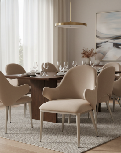 Lujoso Sillón de Comedor Tapizado Beige Champagne con Silueta Curvada y Elegantes Patas Cónicas por Luxury Group International