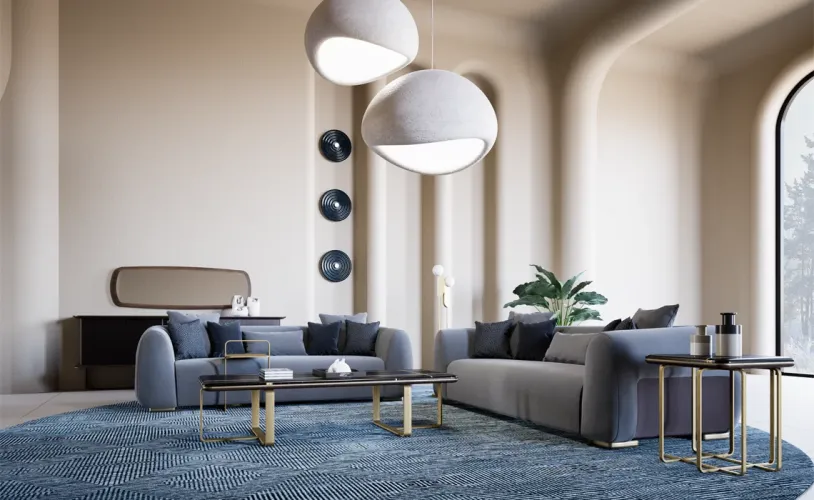 Luxury Charcoal Grey Upholstered Curved Sofa with Sculpted Arms & Black Cushions-Luxury sofa Lifestyle View by Luxury Group International
