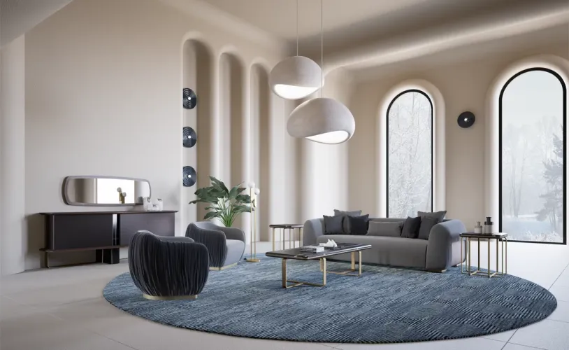 Luxury Charcoal Grey Upholstered Curved Sofa with Sculpted Arms & Black Cushions-Luxury sofa by Luxury Group International
