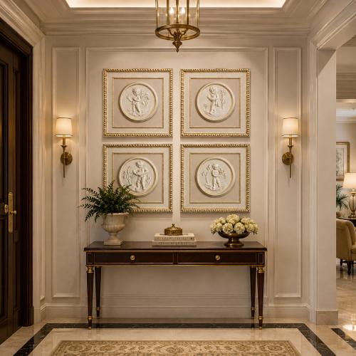 Luxus Cherub Relief Wandkunst Set aus 4 mit antik elfenbeinfarbenen und goldgerahmten Paneelen von Luxury Group International