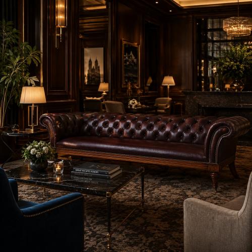 Sofá Chesterfield de Lujo en Cuero Burdeos con Respaldo Profundamente Capitoneado y Patas con Ruedas de Latón Vista lifestyle por Luxury Group International
