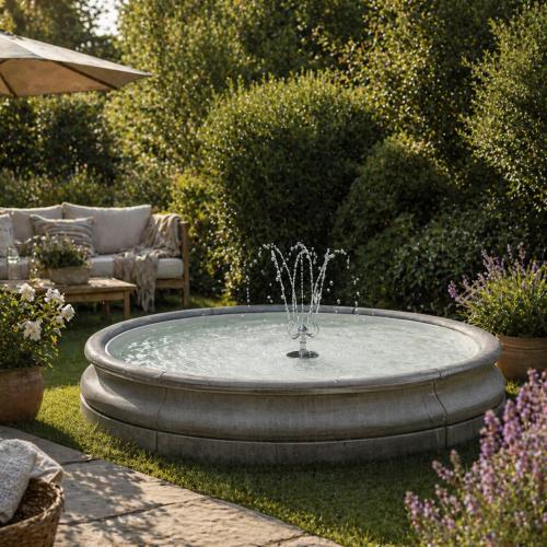 Luxury Circular Basin Baroque Fountain with Central Jet Water Display - Baroque Fountain Lifestyle View by Luxury Group International