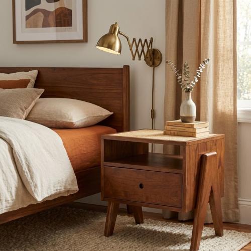 Luxury Classic Brown Wooden Nightstand with Rattan Cane Webbing Table Top by Luxury Group International