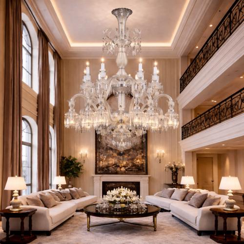 Luxury Classic Crystal 24 lights modern Chandelier in clear polished metal with hanging prisms by Luxury Group International