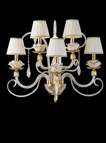 Luxury Classic Five-Arm Wall Light in Ivory Fabric with Floral Glass Detailing by Luxury Group International