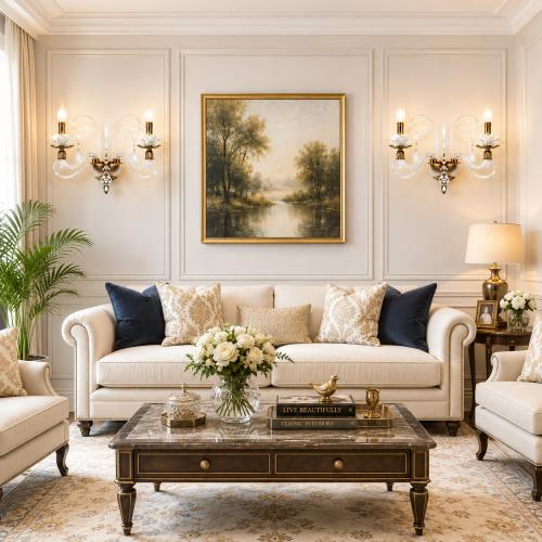 Luxury Classic Five-Arm Wall Light in Ivory Fabric with Floral Glass Detailing by Luxury Group International