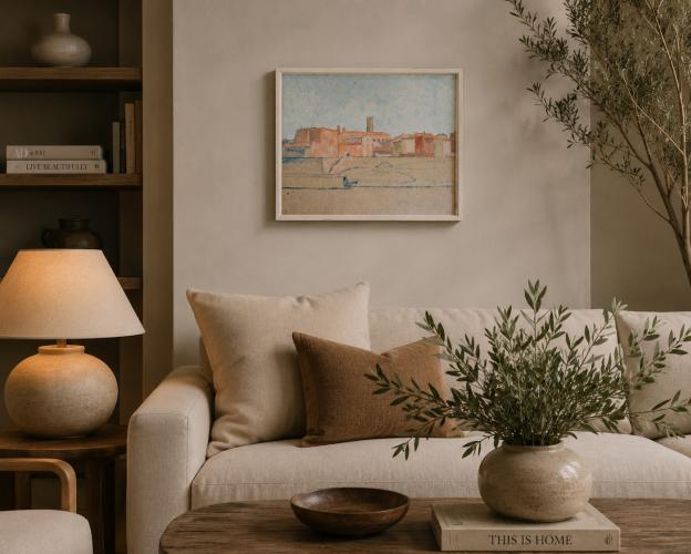 Luxus Küstenstadt-Wandkunst – Minimalistische Europäische Landschaftsmalerei von Luxury Group International