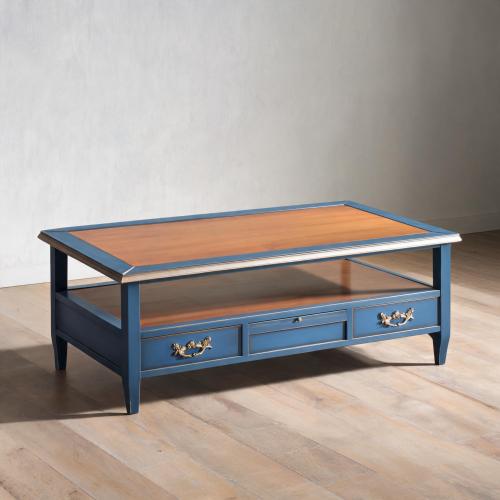 Luxury Coffee Table in Coastal Blue Finish with Multi-Storage Compartments & Walnut Top Front View by Luxury Group International
