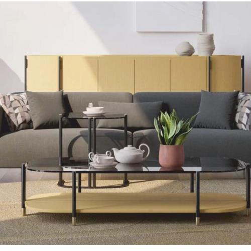 Table Basse de Luxe Naturel / Gris / Laiton 155 cm Plateau en Verre pour Salon par Luxury Group International