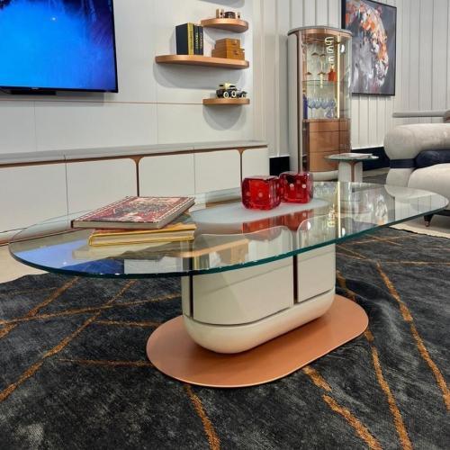 Table Basse de Luxe Blanche et Cuivre avec Plateau en Verre 150 x 80 x H. 40 cm Design Moderne Ovale par Luxury Group International
