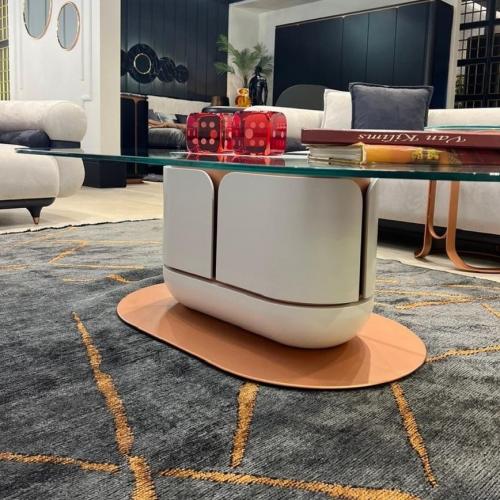 Table Basse de Luxe Blanche et Cuivre avec Plateau en Verre 150 x 80 x H. 40 cm Design Moderne Ovale par Luxury Group International