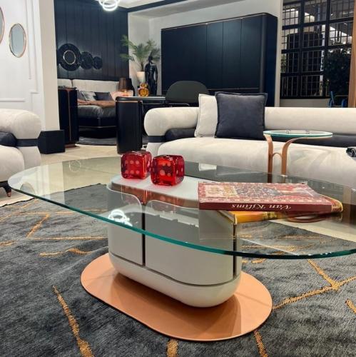 Table Basse de Luxe Blanche et Cuivre avec Plateau en Verre 150 x 80 x H. 40 cm Design Moderne Ovale par Luxury Group International