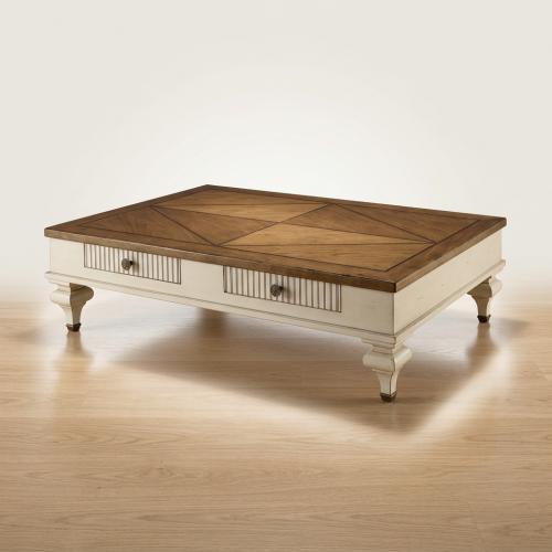 Luxury Coffee Table with Geometric Wood Top and Dual Drawer Storage in Ivory Finish Front View by Luxury Group International