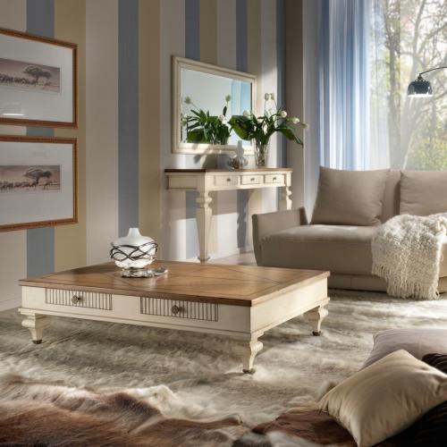 Table basse de luxe avec plateau en bois géométrique et double rangement tiroir finition ivoire Vue lifestyle par Luxury Group International