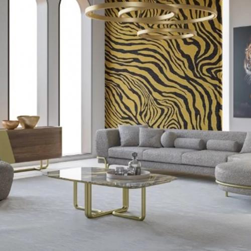 Table Basse de Luxe avec Plateau Rectangulaire en Marbre Gris et Pieds Dorés par Luxury Group International