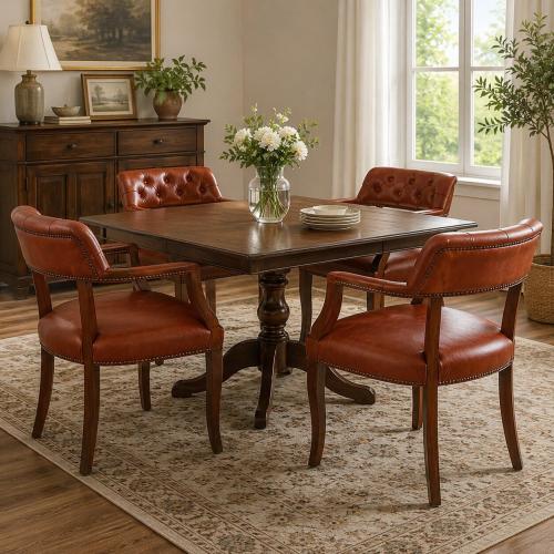 Fauteuil de salle à manger en cuir cognac de luxe avec dossier incurvé capitonné Vue lifestyle par Luxury Group International