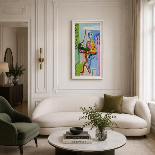 Luxuriöse Bunte Abstrakte Kubistische Wandkunst mit Modernem Weißem Rahmen von Luxury Group International