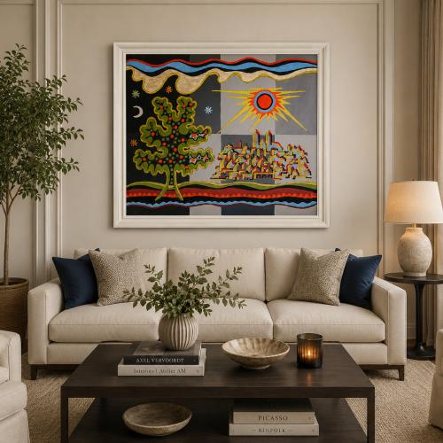 Luxus Bunte Landschafts-Wandkunst mit Baum, Sonne und Abstraktem Stadtbild-Design von Luxury Group International