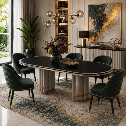 Tavolo da Pranzo Contemporaneo di Lusso con Finitura Nero e Argento e Piano Ovale di Luxury Group International