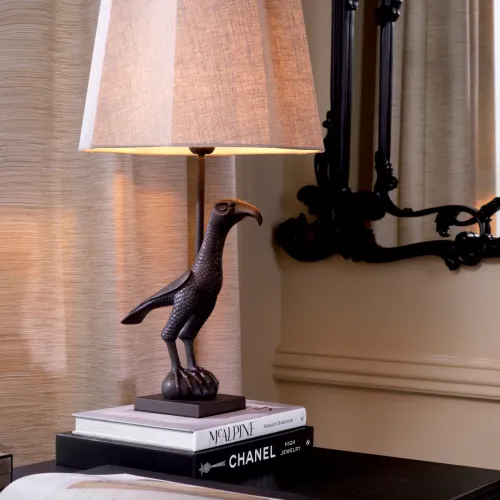 Luxury Copper/Bronze Finish Black Bird Design Table Lamp with Off-White Linen Shade by Luxury Group International
