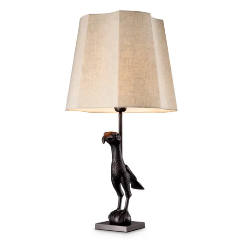 Lampada da Tavolo di Lusso con Finitura Rame/Bronzo, Design Uccello Nero e Paralume in Lino Bianco Sporco di Luxury Group International