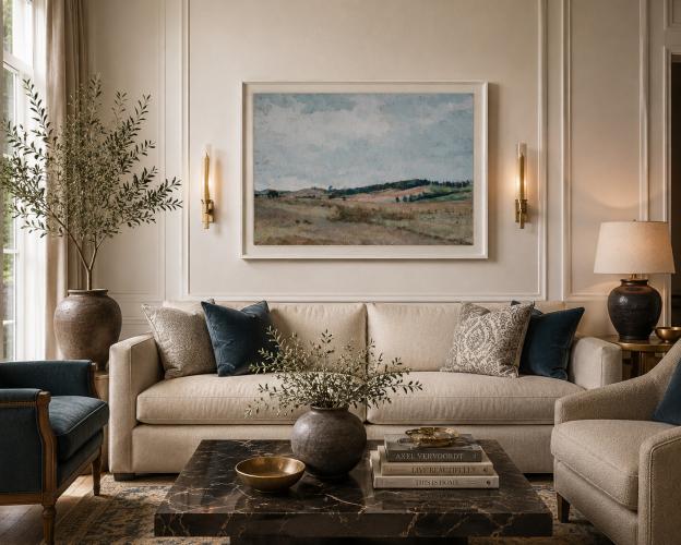 Luxus-Landschaftsbild mit sanften Pastellhügeln und Vintage-Struktur im Landhausstil von Luxury Group International