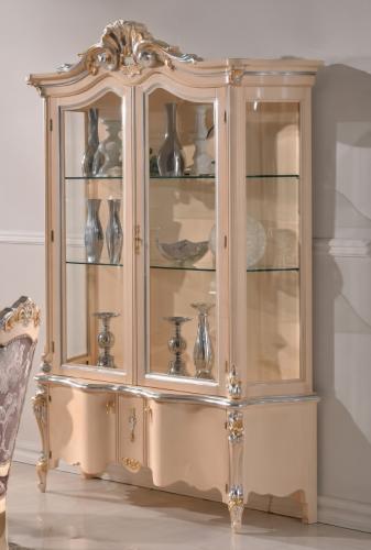 Luxury Cream Baroque Double Door Glass Display Cabinet with Sculpted Crown Pediment & Ornamental Storage Base Front View by Luxury Group International